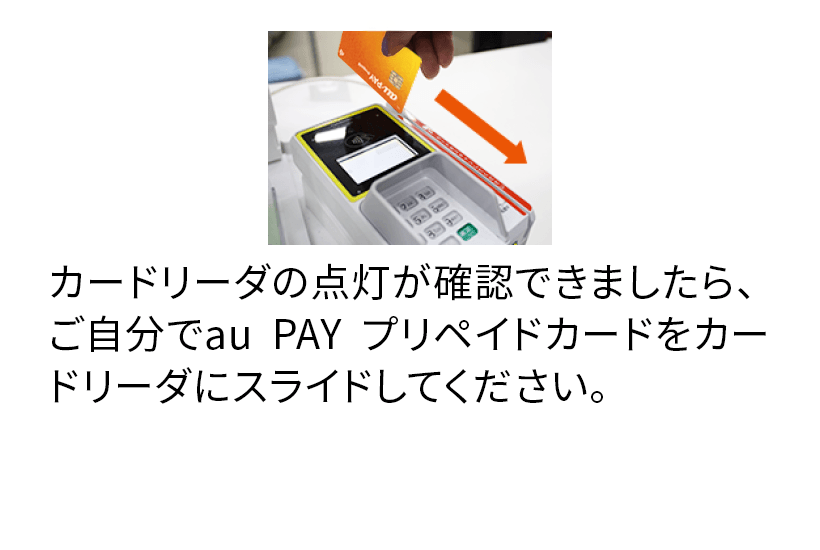 カードリーダの点灯が確認できましたら、ご自分でau PAY プリペイドカードをカードリーダでスライドしてください。