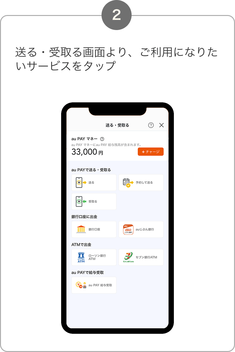 2. 送る・受取る画面より、ご利用になりたいサービスをタップ