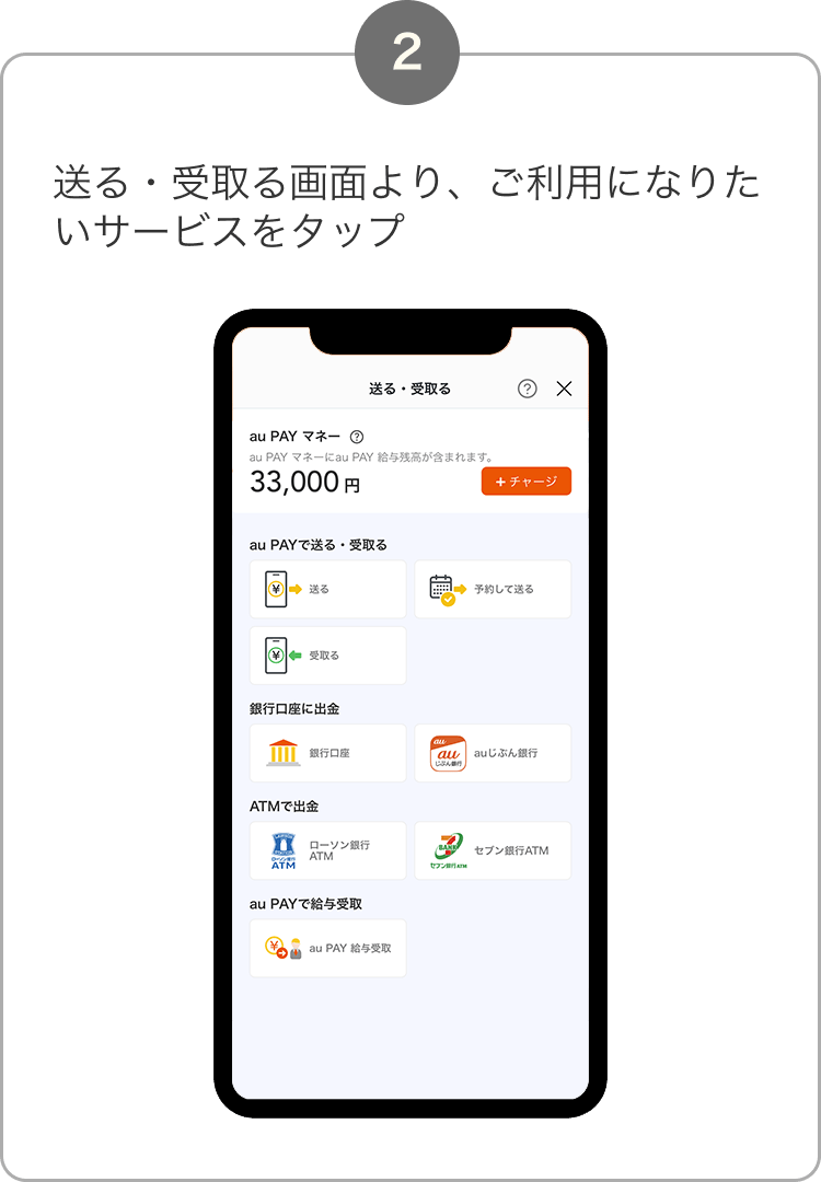 2. 送る・受取る画面より、ご利用になりたいサービスをタップ