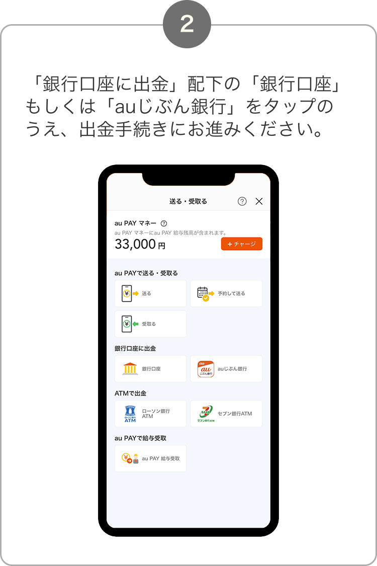 2. 「銀行口座に出金」配下の「銀行口座」もしくは「auじぶん銀行」をタップのうえ、出金手続きにお進みください。